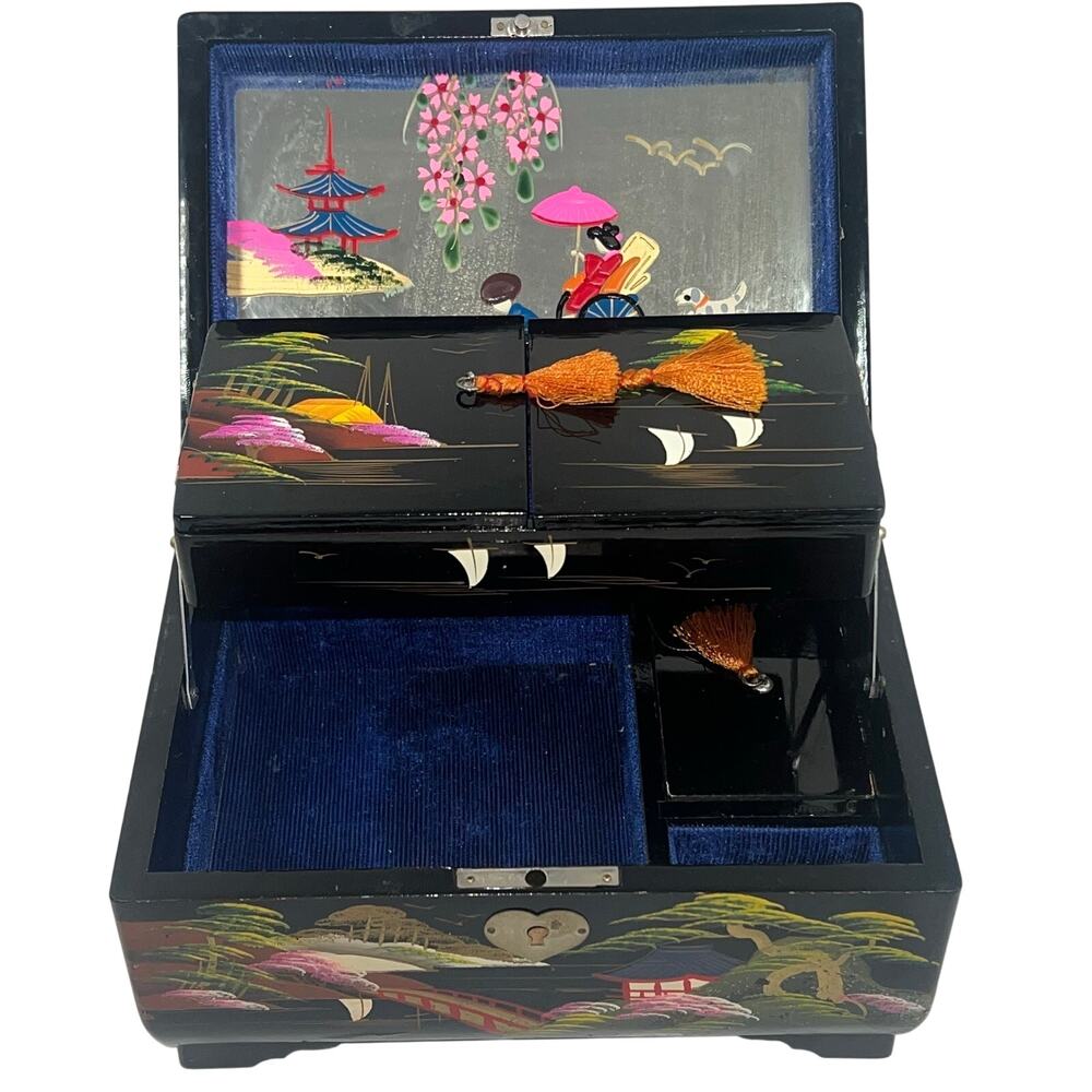 Vintage Royal Japan Black Lacquer Hand-painted Scenic Art & Mirror Jewelry Chest